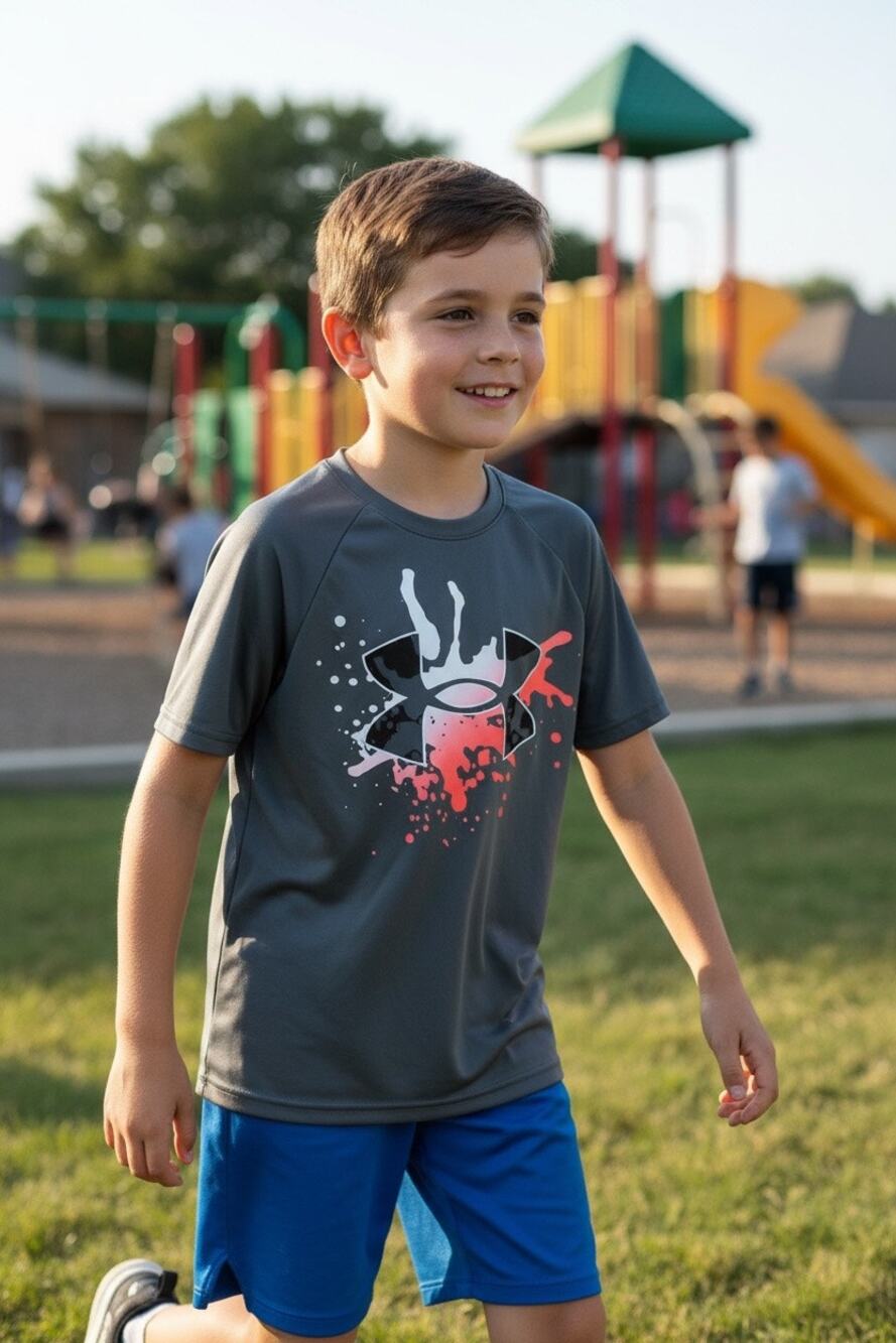 Under Armour Youth YSM Gray HeatGear Short Sleeve Athletic Shirt Logo Graphic